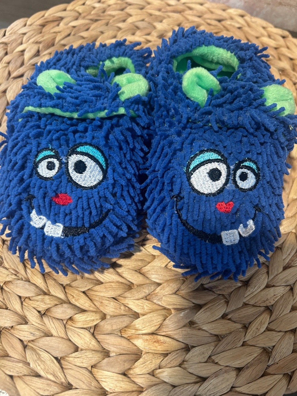 Blue Fuzzy Monster Slippers with Green Accents